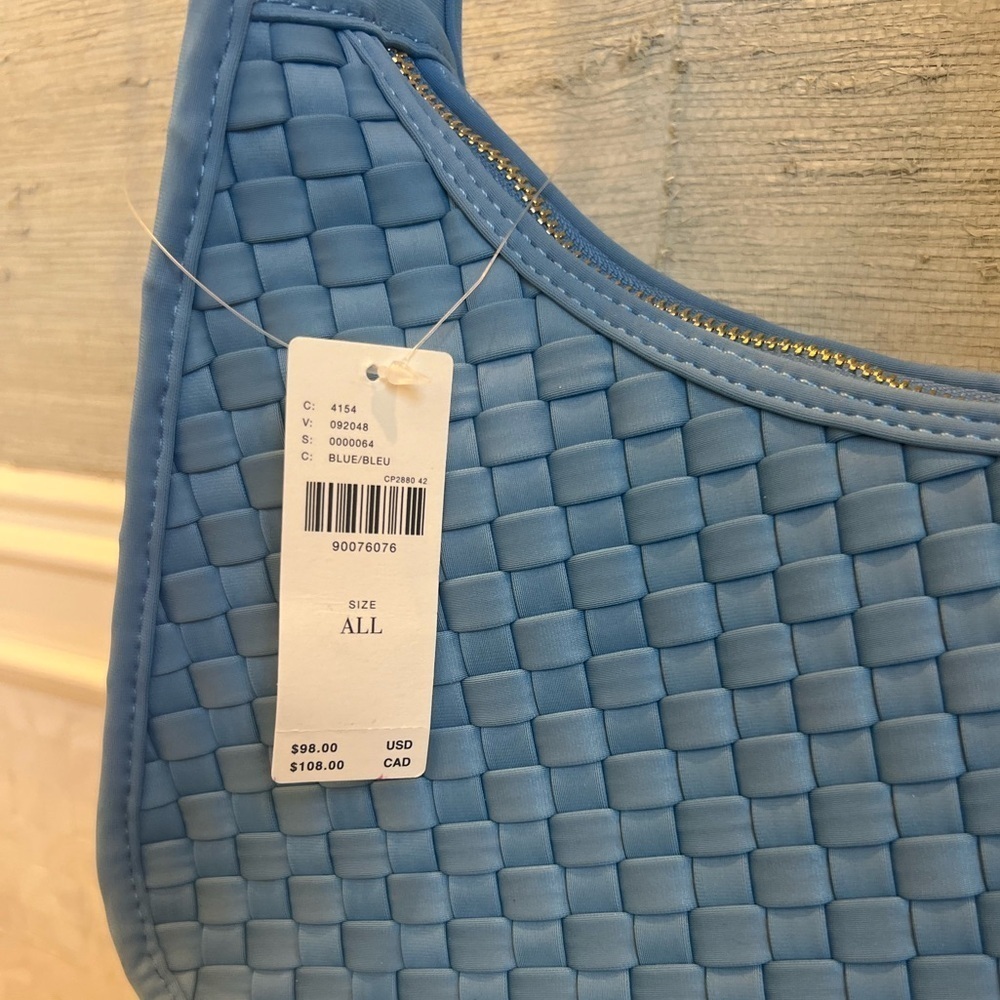 NWT new Anthropologie woven neoprene shoulder bag zip blue nylon purse - Picture 5 of 17
